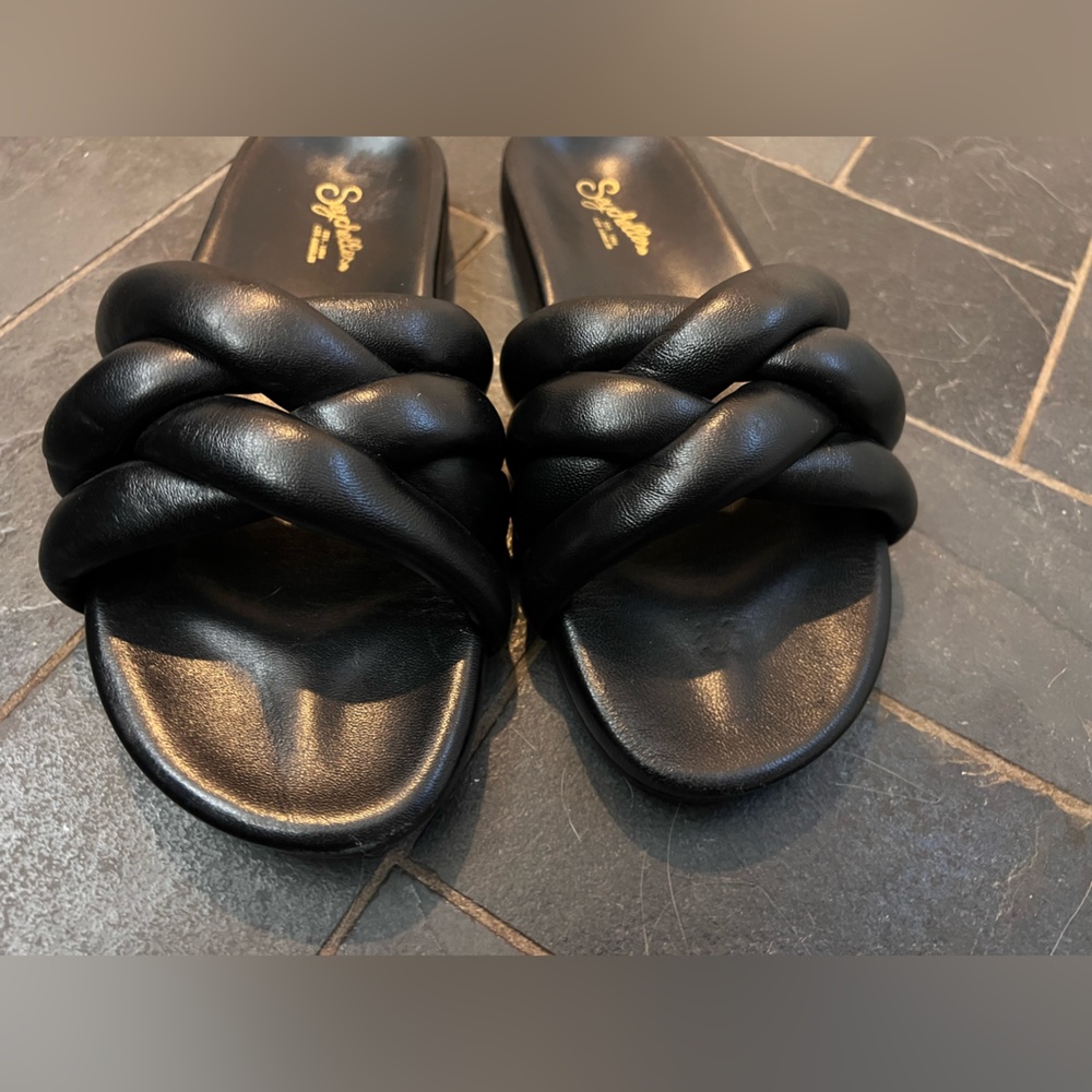 NWOT Seychelles Low Key Glow Up Sandals black leather slide braided crossover - Picture 6 of 7